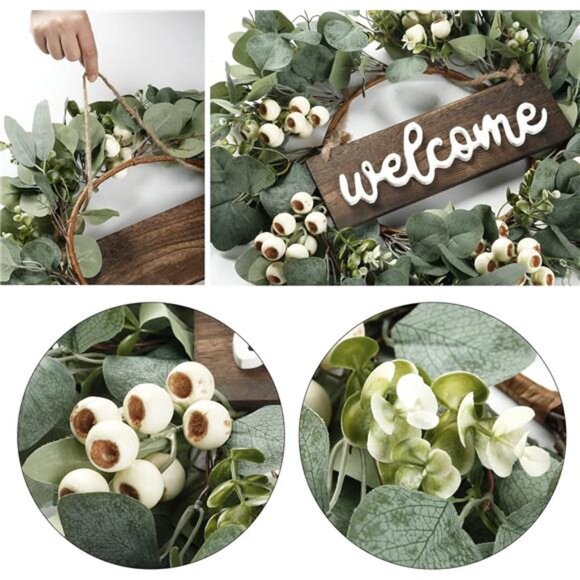Green Artificial Eucalyptus Wreath with Welcome Sign 20in Spring Summer Wreath - Picture 6 of 7